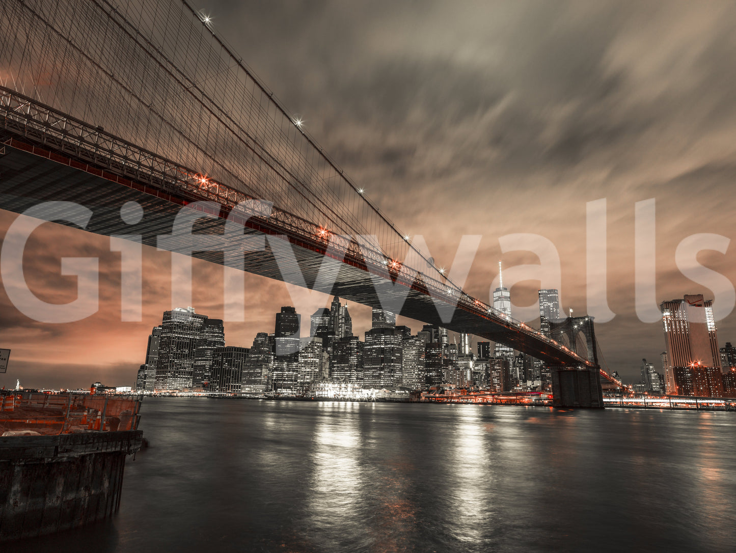 Single-panel layout of Fiery Cityscape wall mural showing bridge, sky, and city lights