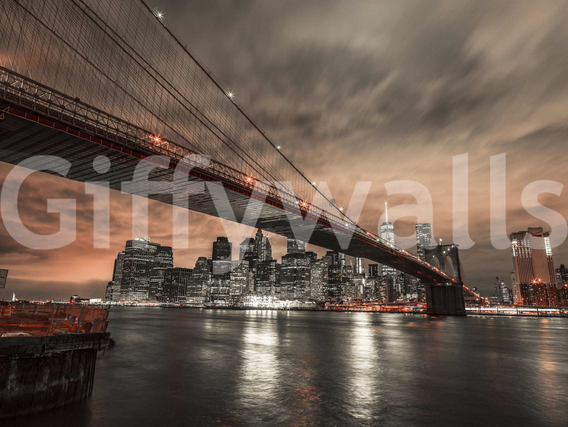 Single-panel layout of Fiery Cityscape wall mural showing bridge, sky, and city lights