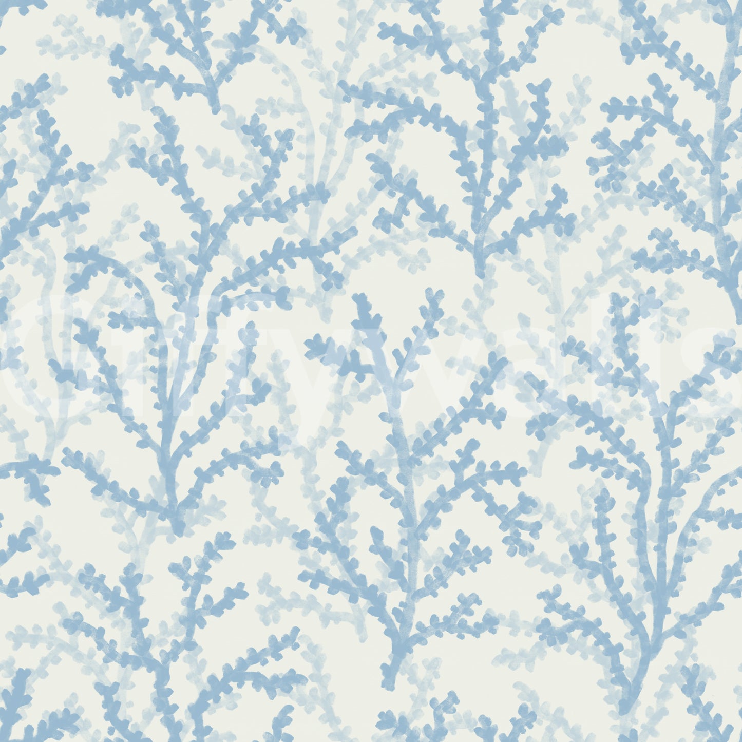 Botanical pattern in Painted Coraline Dreaming Blue wallpaper holds watery brush strokes.