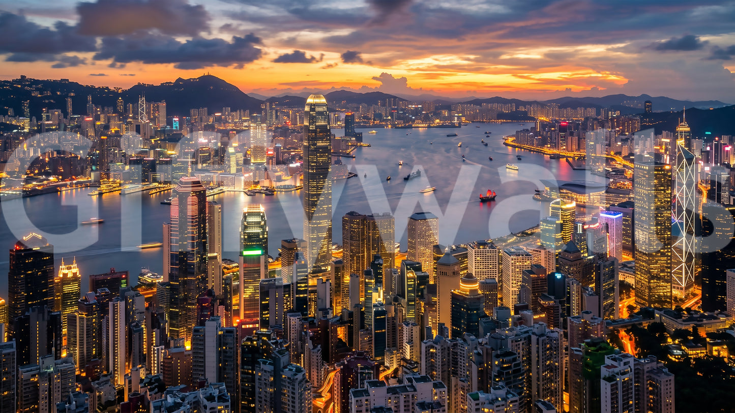Dense skyscraper clusters the vast Hong Kong Twilight Skyline Wall Mural.