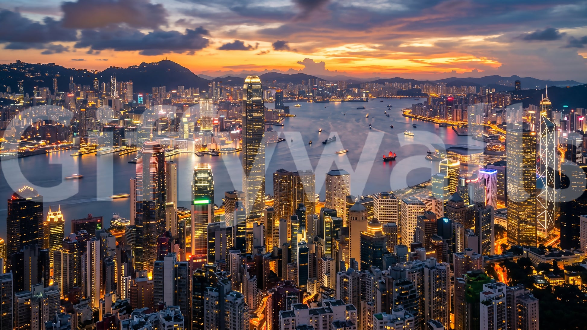 Dense skyscraper clusters the vast Hong Kong Twilight Skyline Wall Mural.