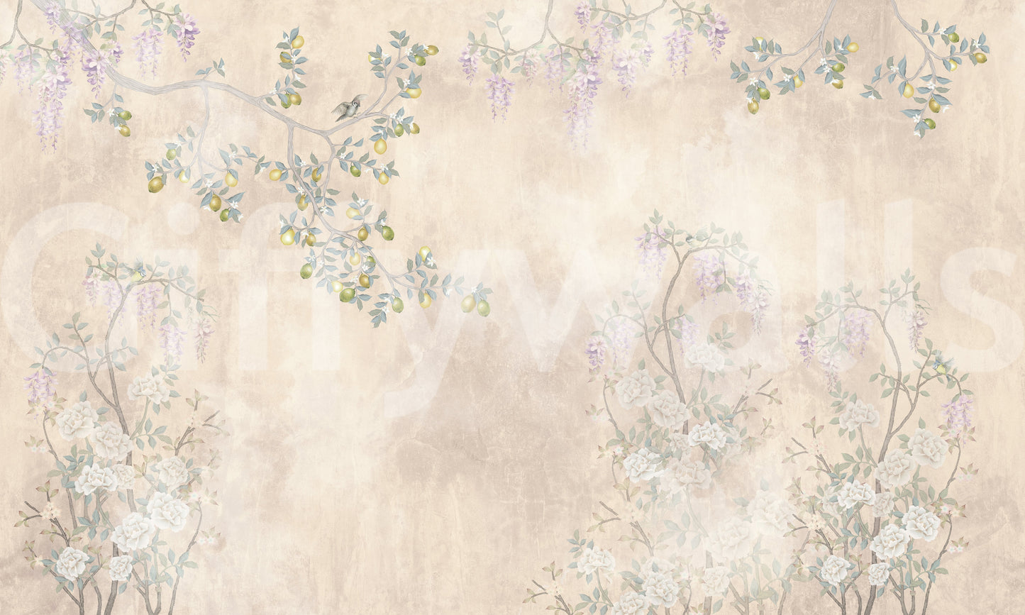 A clouded beige background highlights the delicate Lemon wall mural botanical pattern.