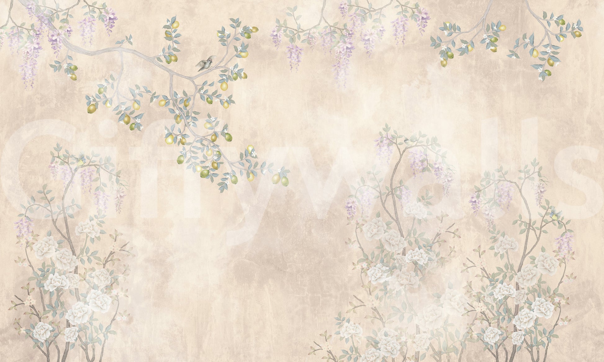 A clouded beige background highlights the delicate Lemon wall mural botanical pattern.