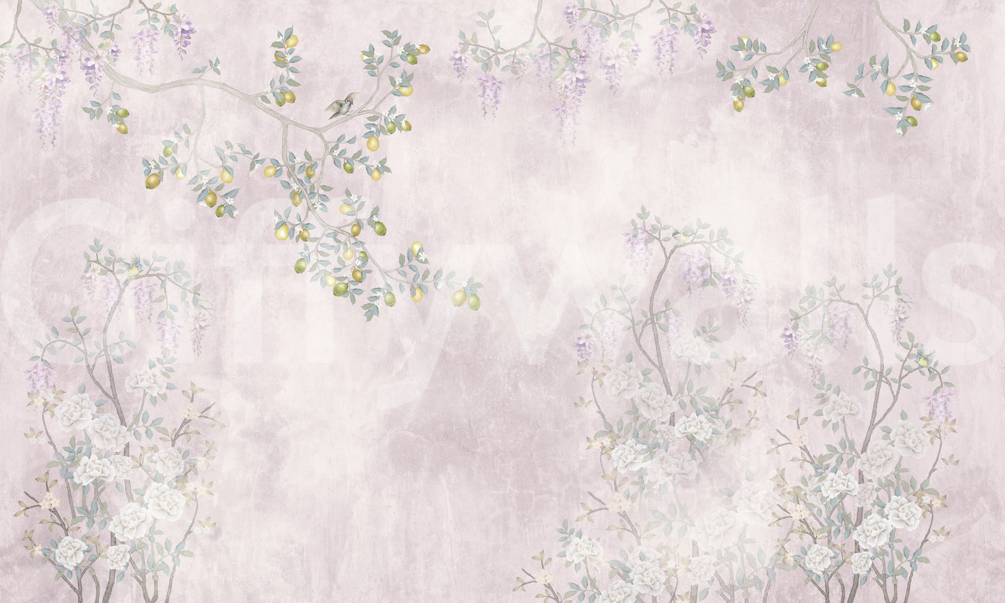 Purple flora contrasts with bright green branches across the intricate Lemon wall mural.