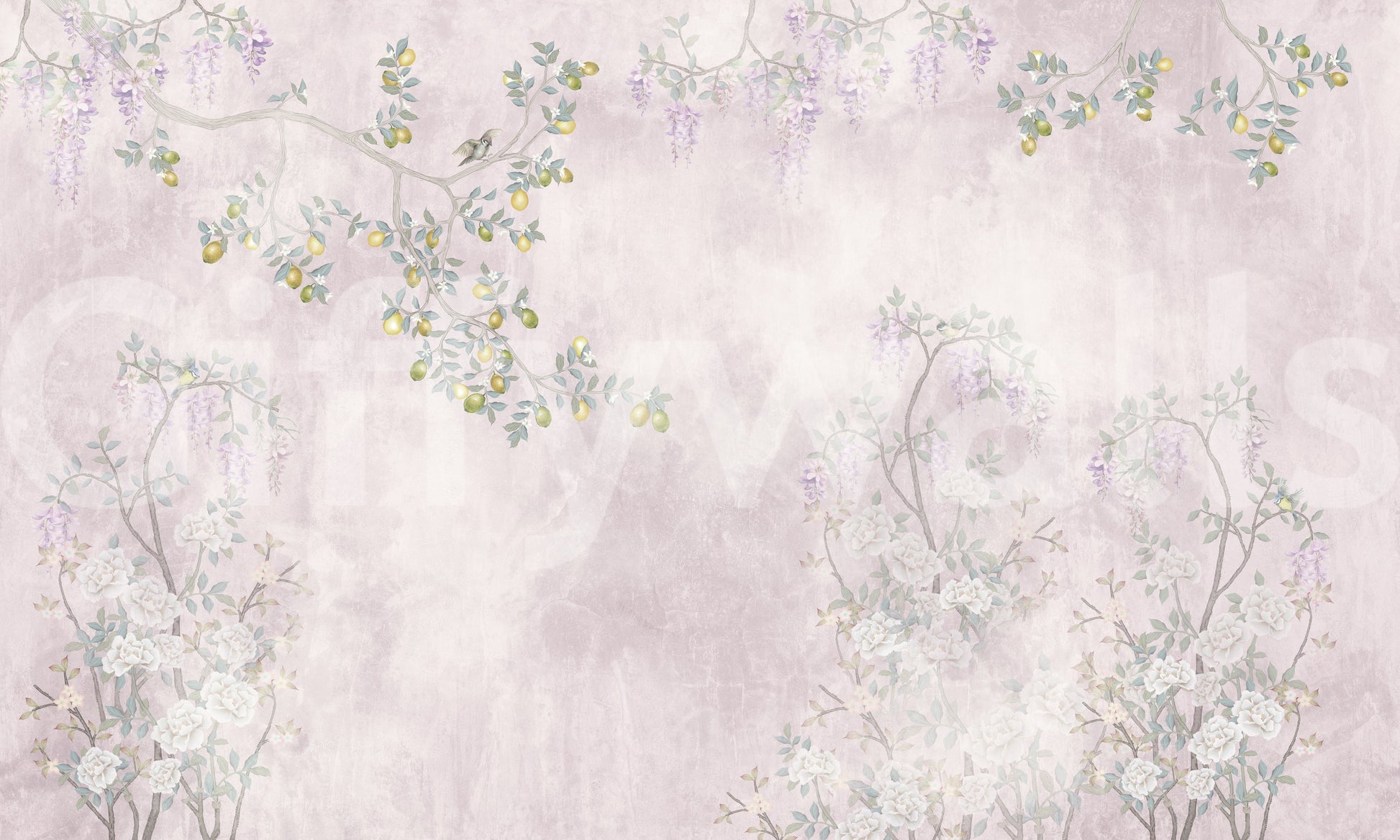 Purple flora contrasts with bright green branches across the intricate Lemon wall mural.