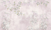 Purple flora contrasts with bright green branches across the intricate Lemon wall mural.