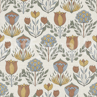 Muted terracotta tones fill the traditional Nordic Folk Bloom Wallpaper pattern
