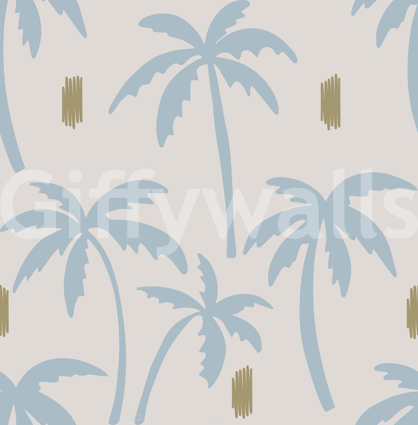 Anchored by boho coastal palm tree wallpaper in dusty blue tones 