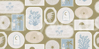 Framed coastal wallpaper carrying coral forms and relaxed tropical imagery