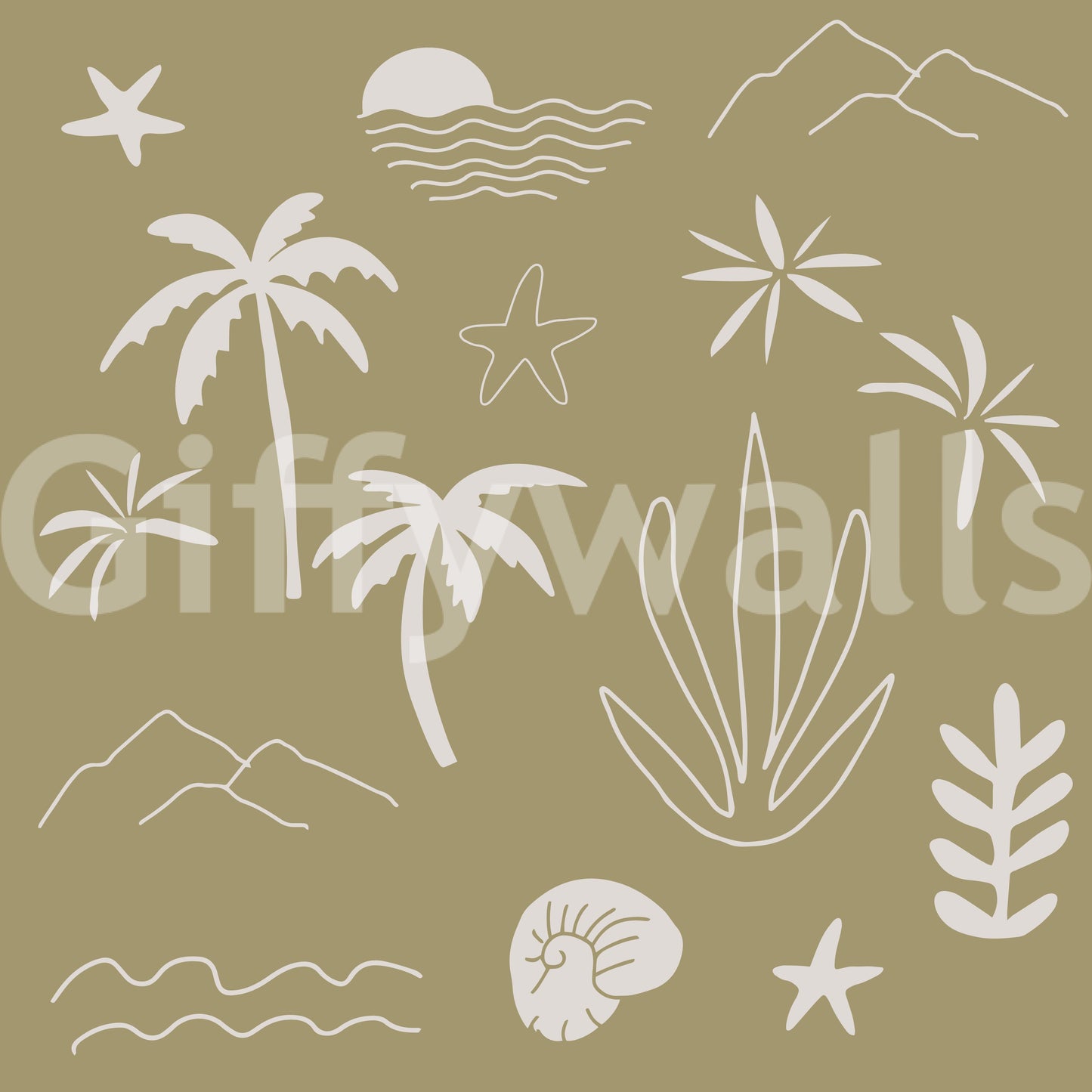 Olive Tropical Wallpaper with shell shapes, wave lines, and palm details