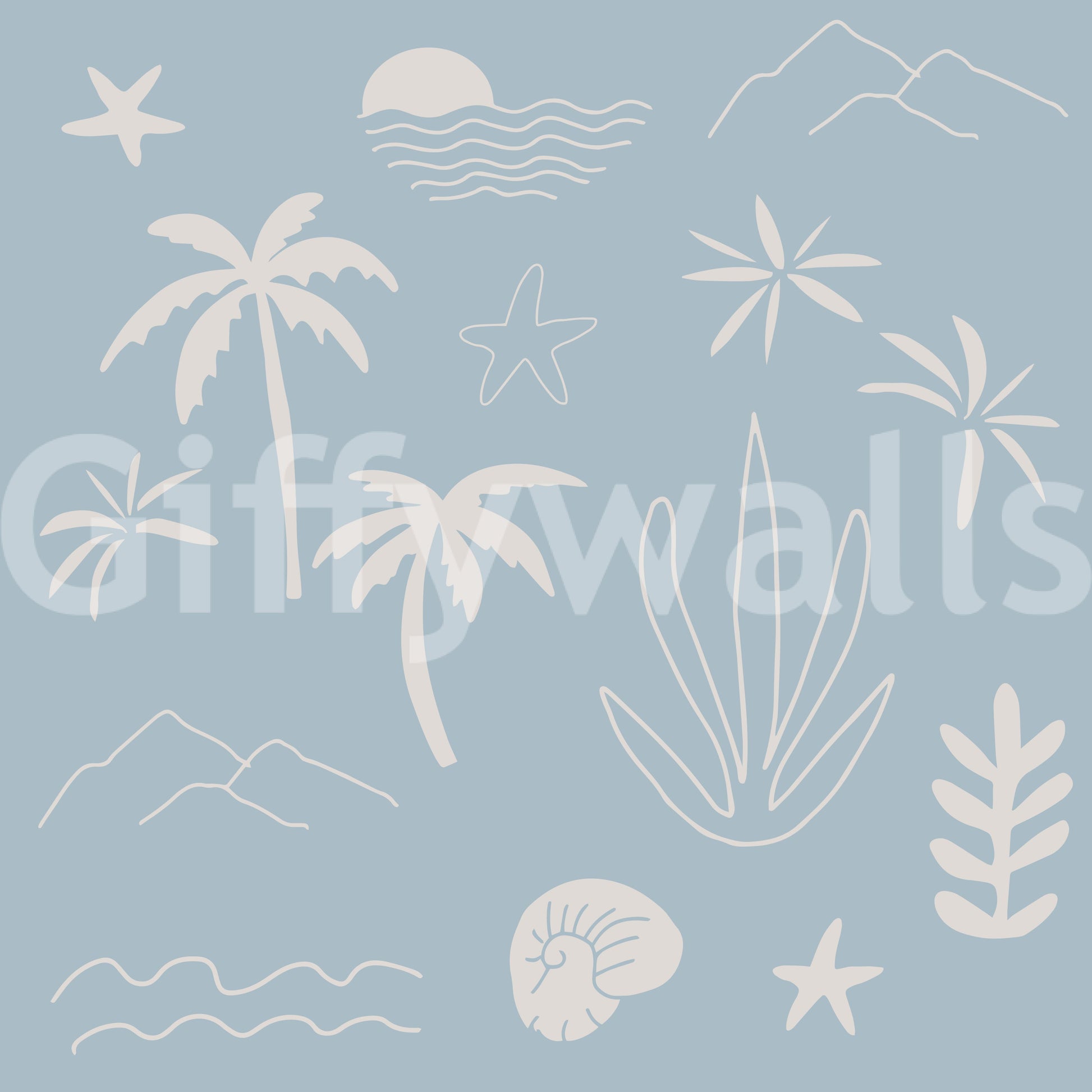 Soft Blue Tropical pattern with icon wallpaper and seaside shapes