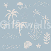 Soft Blue Tropical pattern with icon wallpaper and seaside shapes