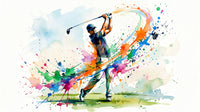 Athletic wall mural with golfer figure and dynamic colour flow