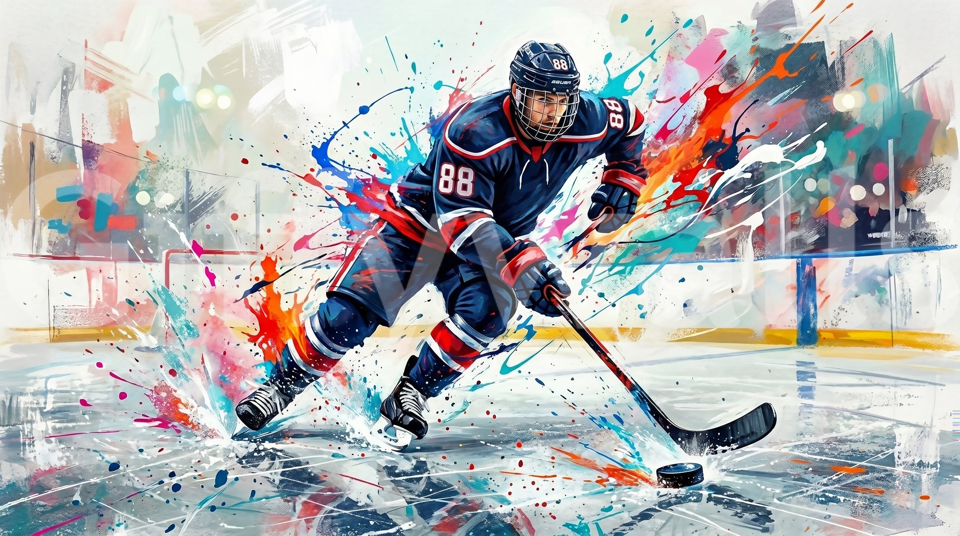 Brushstroke hockey wall mural with fast skating pose and modern sports art