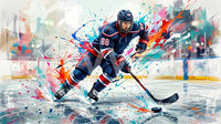 Brushstroke hockey wall mural with fast skating pose and modern sports art