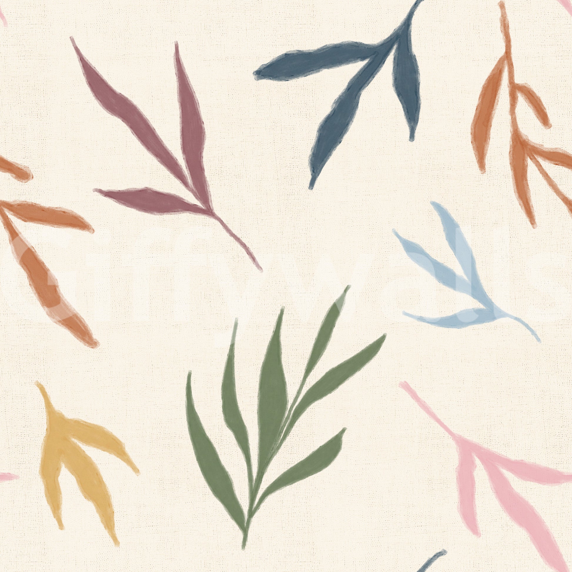 Nature-inspired wallpaper with loose foliage forms and light wall texture