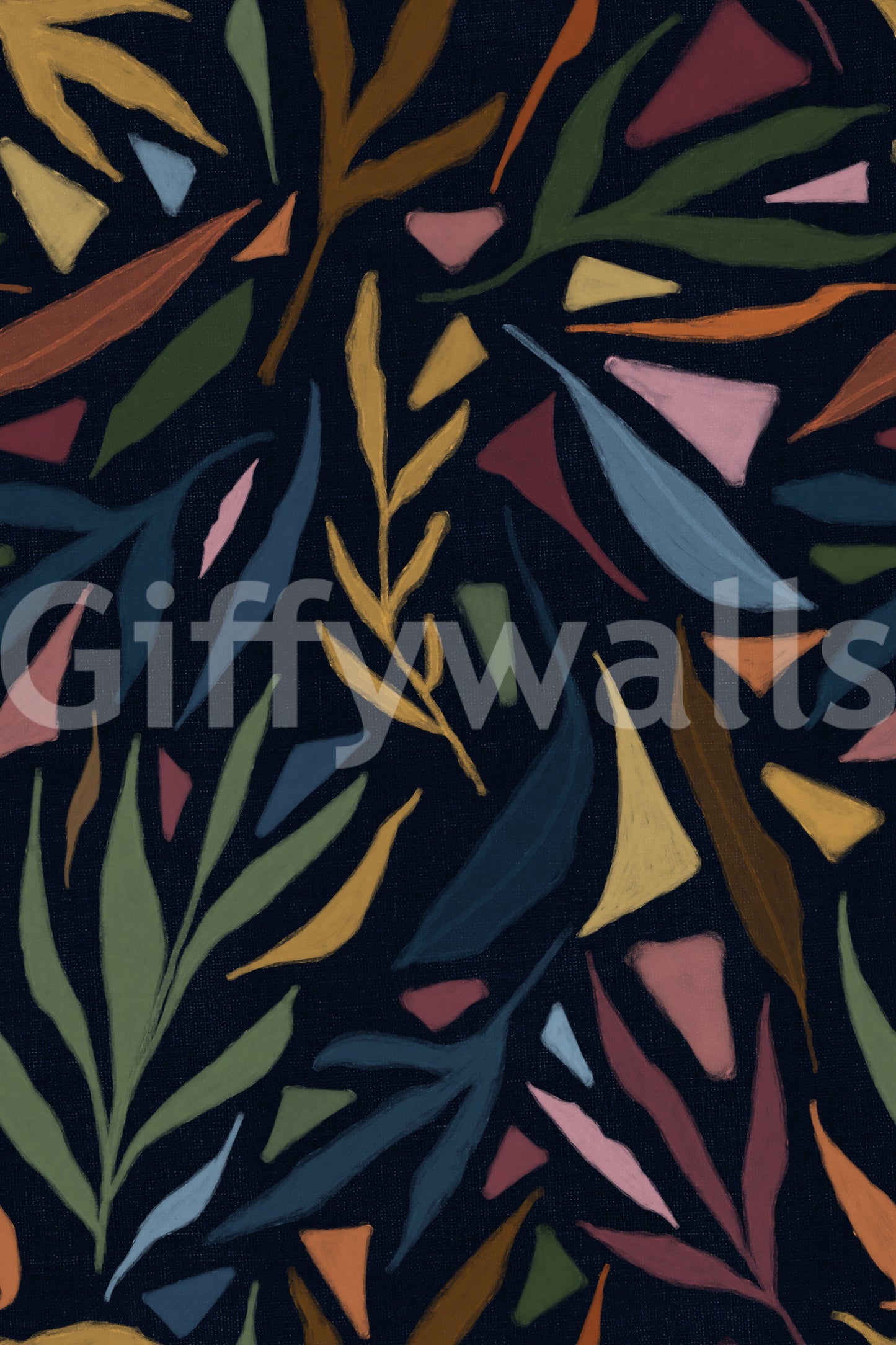 Dark leaf wallpaper with painted forms and modern artistic composition