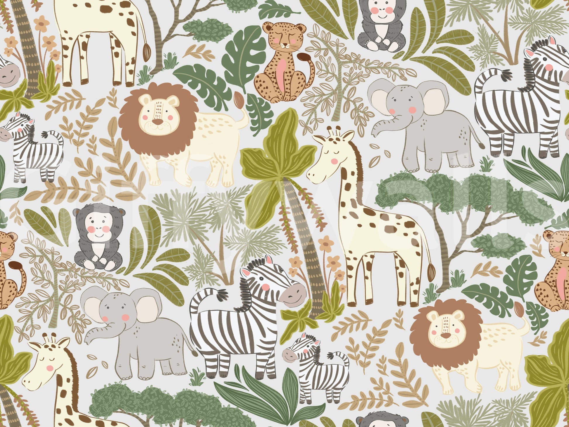 Children’s wallpaper featuring Safari Pals wildlife and leafy branches