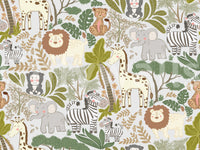 Children’s wallpaper featuring Safari Pals wildlife and leafy branches