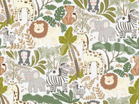 Children’s animal wallpaper with jungle greenery and gentle colors