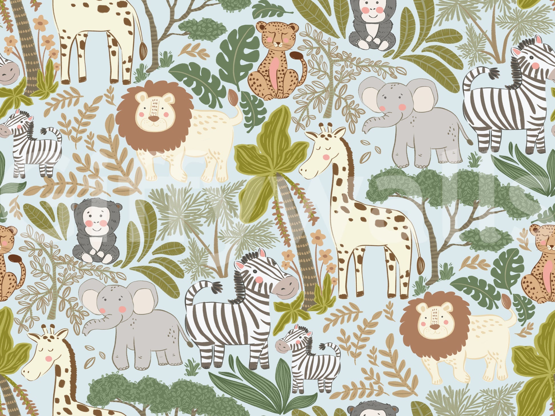 Jungle-themed wallpaper featuring Gentle Safari Pals in muted tones