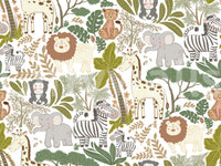 Kids safari wallpaper with cheerful wildlife and leafy forest details