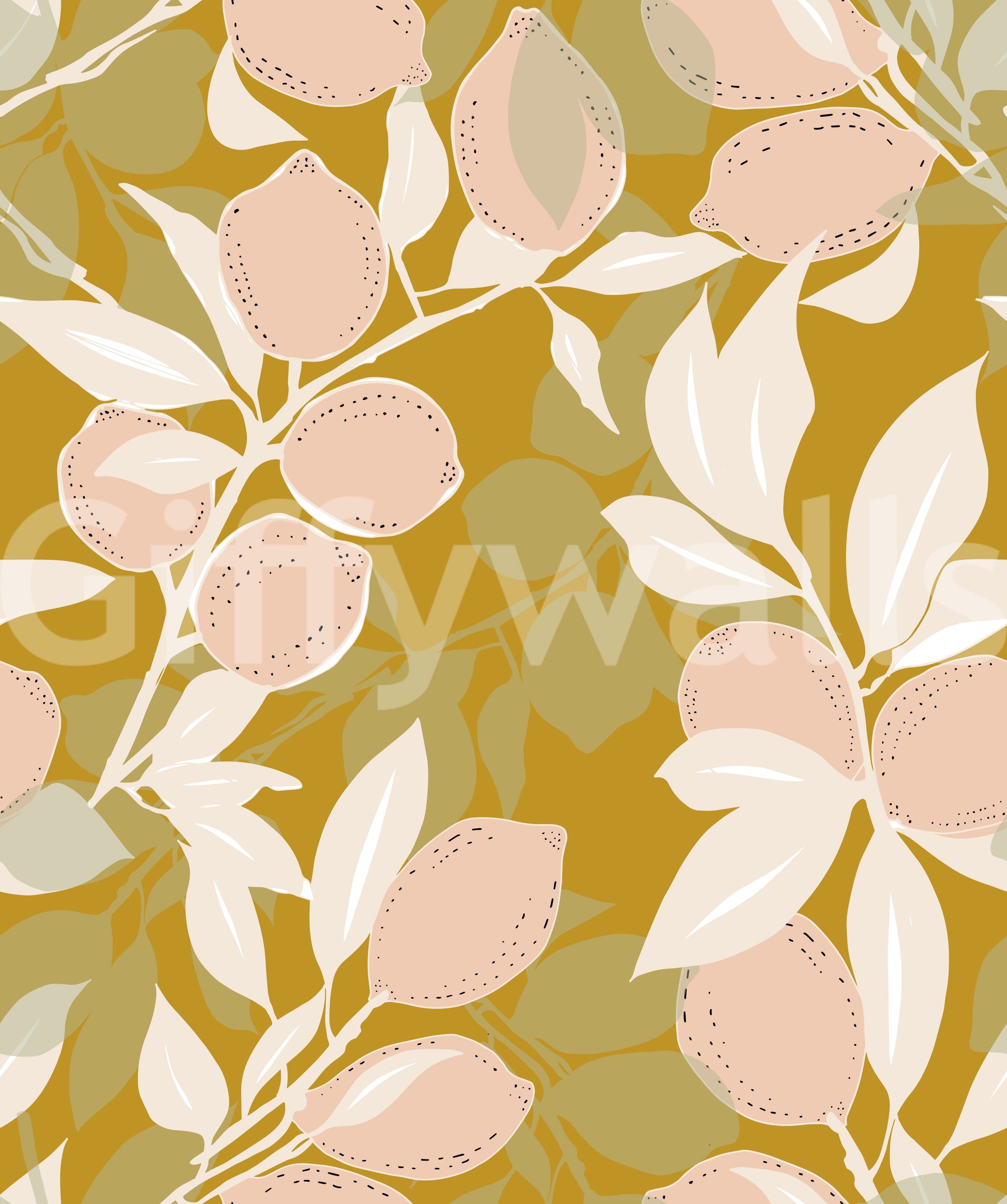 Botanical citrus wallpaper with peach lemons and cream leaf contrast