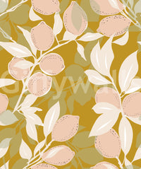 Botanical citrus wallpaper with peach lemons and cream leaf contrast