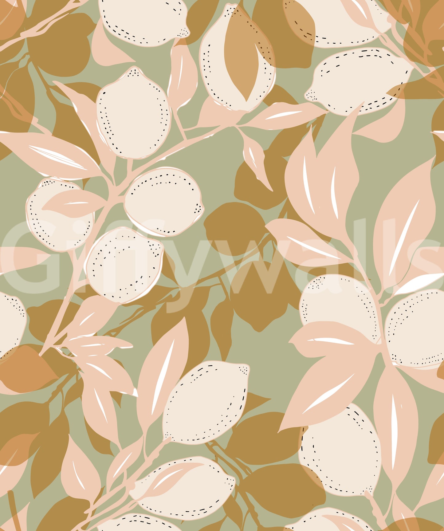 Sage botanical wallpaper using lemon motifs and gentle neutral detailing