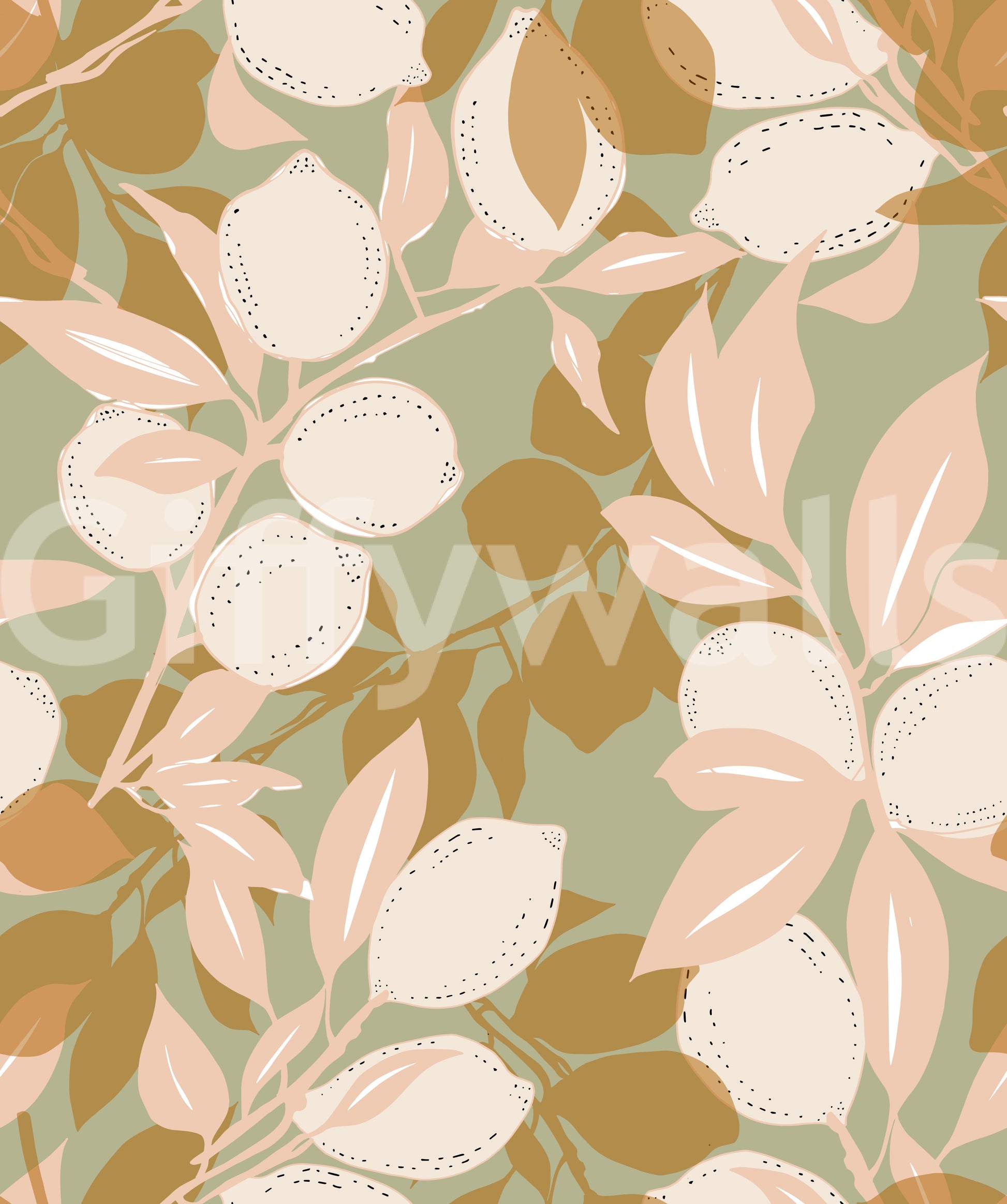 Sage botanical wallpaper using lemon motifs and gentle neutral detailing