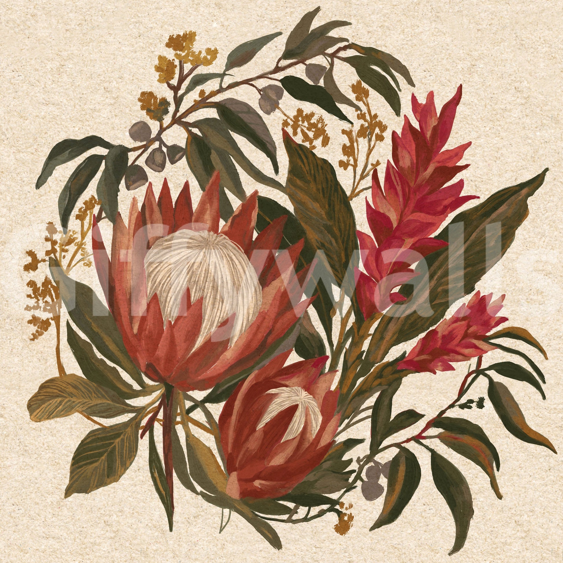 Protea bouquet wall mural with Hawaiian Ginger and botanical blooms