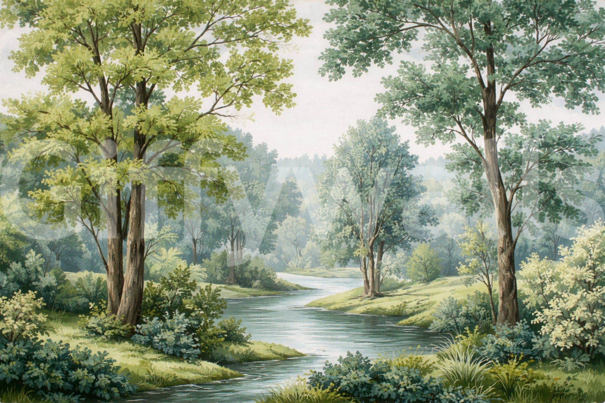 Woodland wall mural showing open water, grassy banks, and soft depth