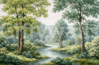 Woodland wall mural showing open water, grassy banks, and soft depth