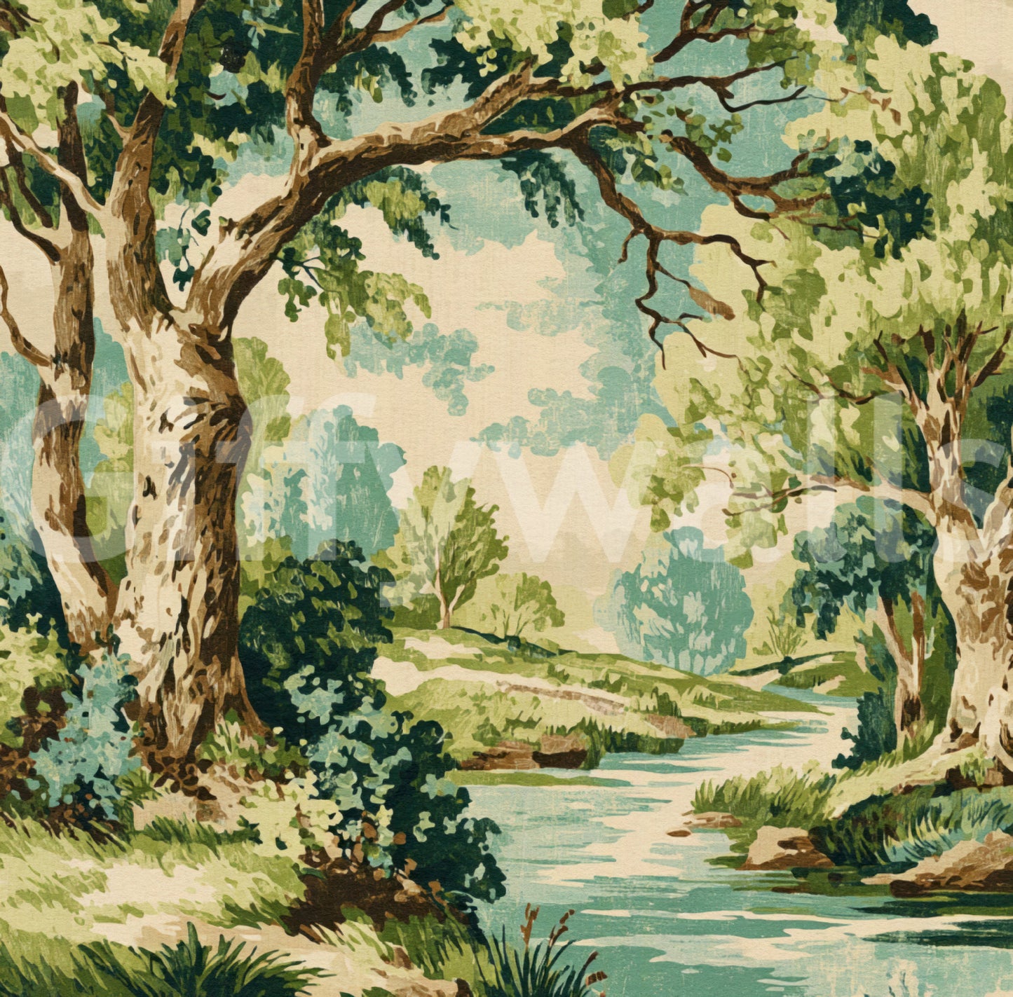 Tranquil Forest Stream design with painterly branches and fresh green tones