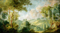 Painted landscape mural showing tree branches and distant valley tones