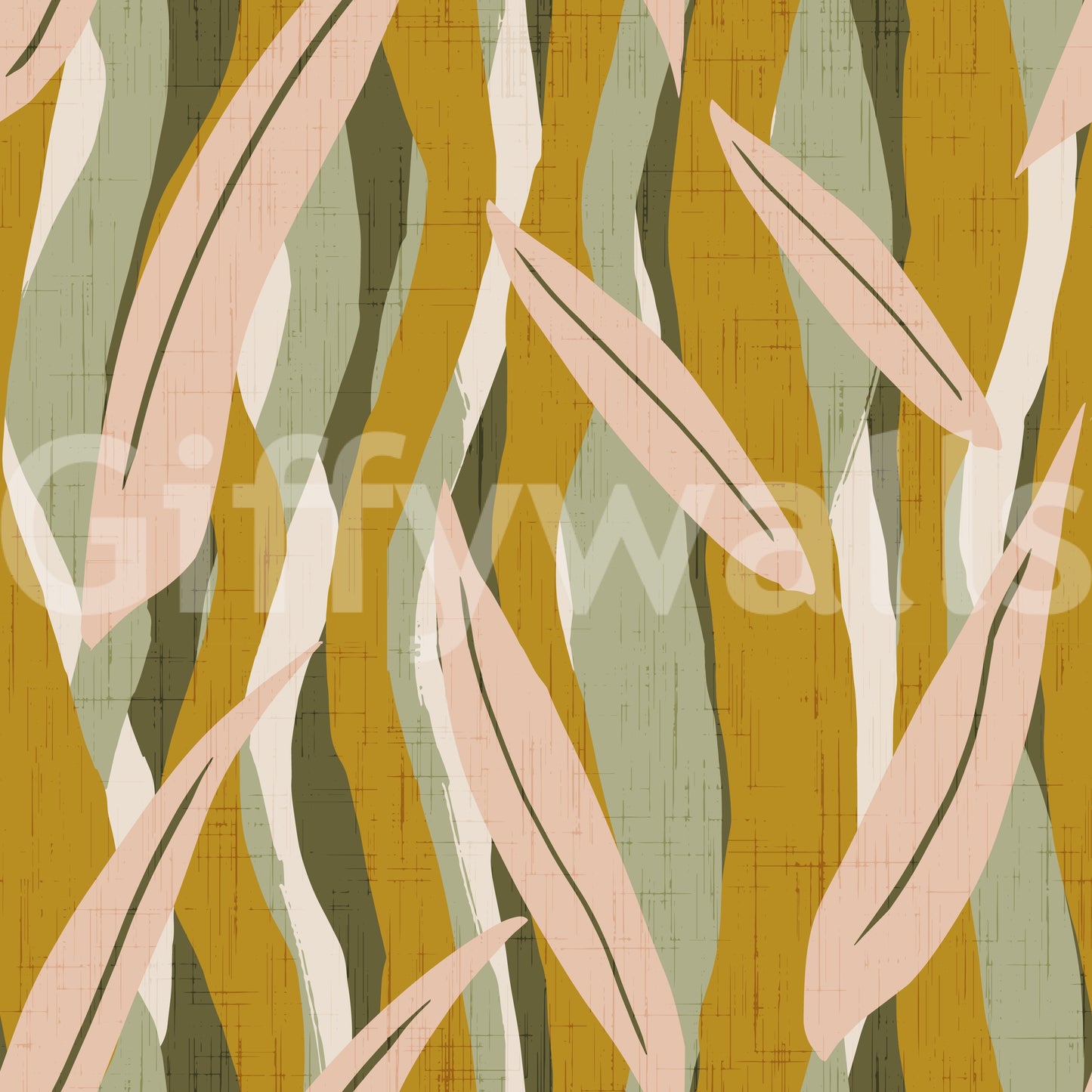 Pink botanical wallpaper with long leaf shapes and earthy layered pattern