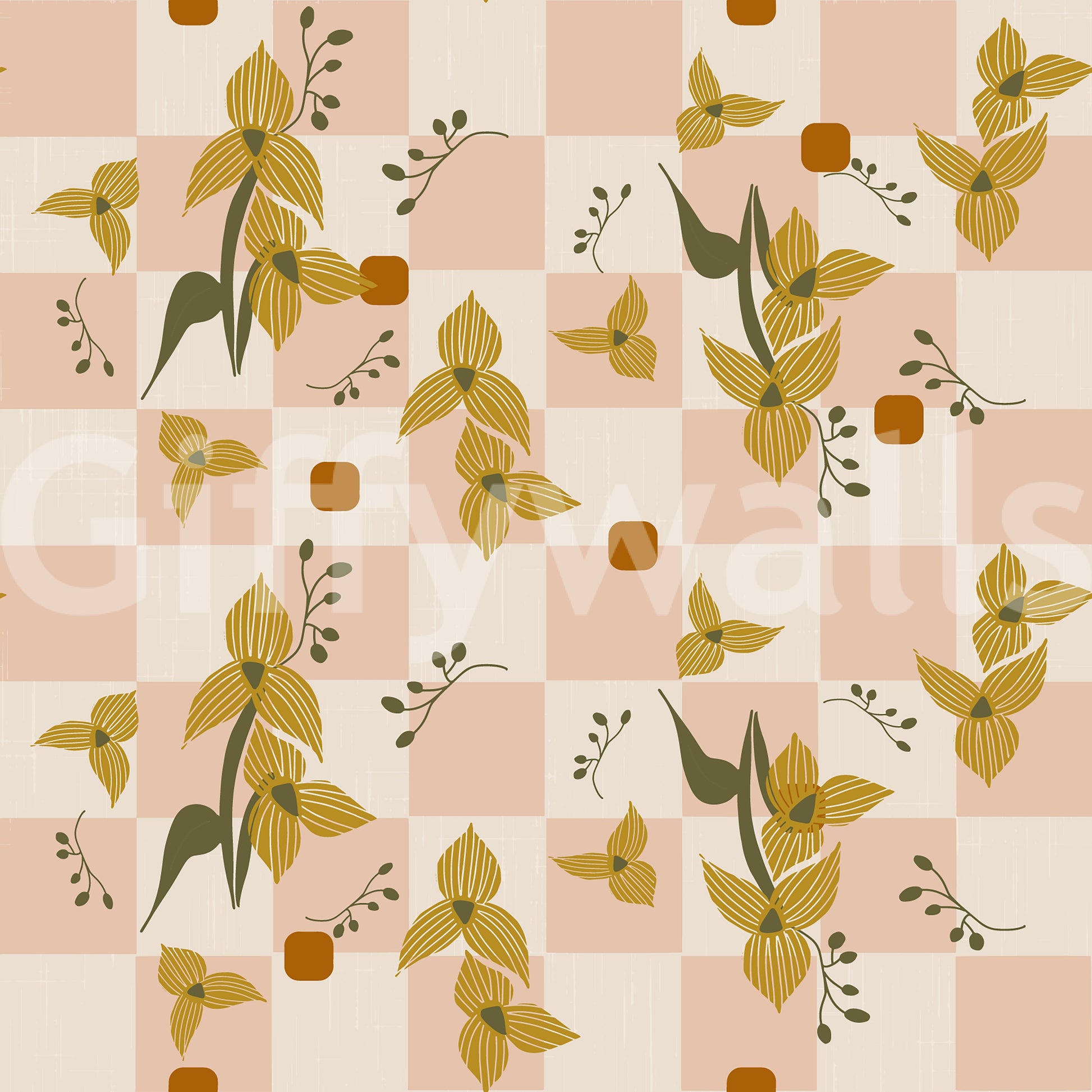 Pattern wallpaper with pink checker floral forms and earthy contrast