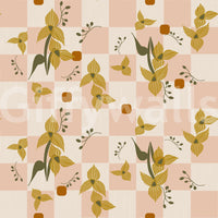 Pattern wallpaper with pink checker floral forms and earthy contrast