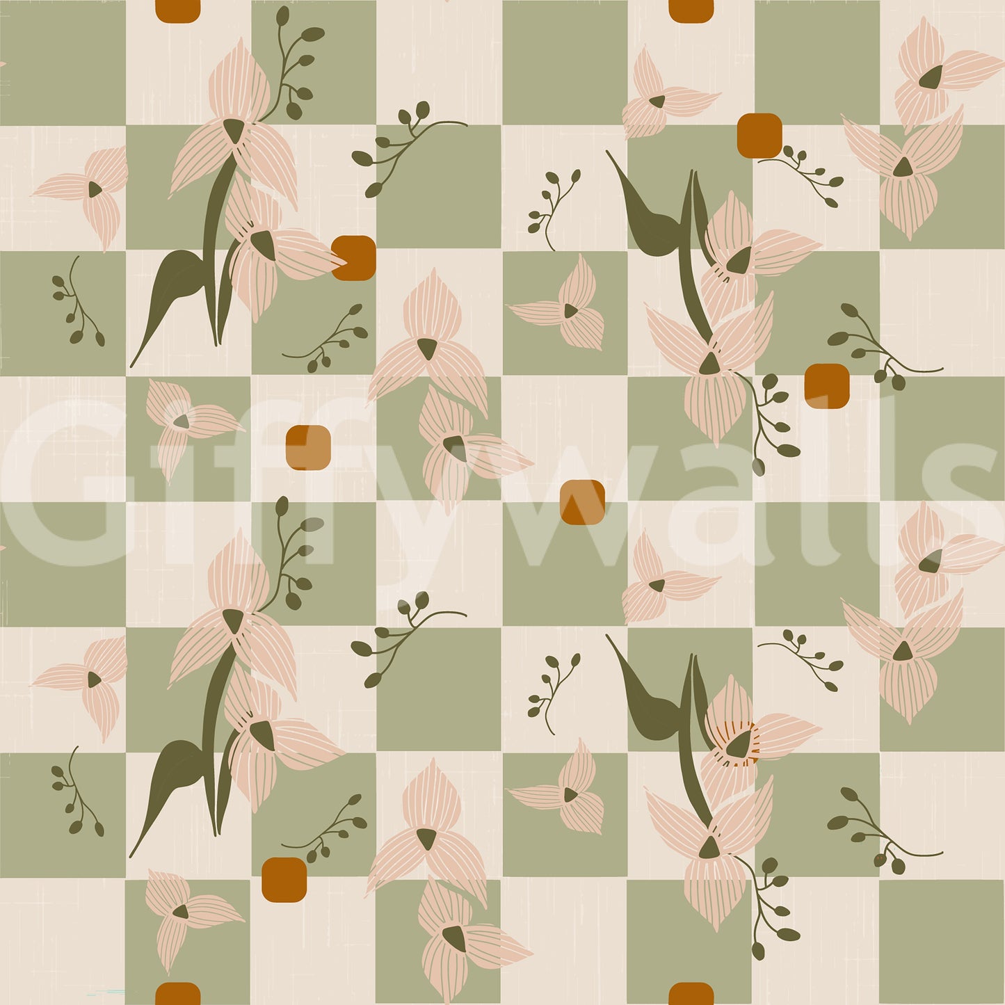 Pattern wallpaper with floral forms, sage panels, and vintage-inspired rhythm