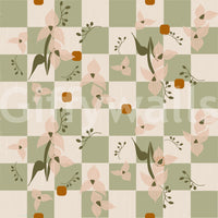 Pattern wallpaper with floral forms, sage panels, and vintage-inspired rhythm