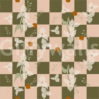 Checker pattern wallpaper with vintage floral details and muted blush tones