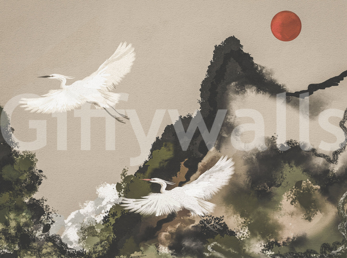 Japanese watercolor wall mural with crane artwork and textured ink detail