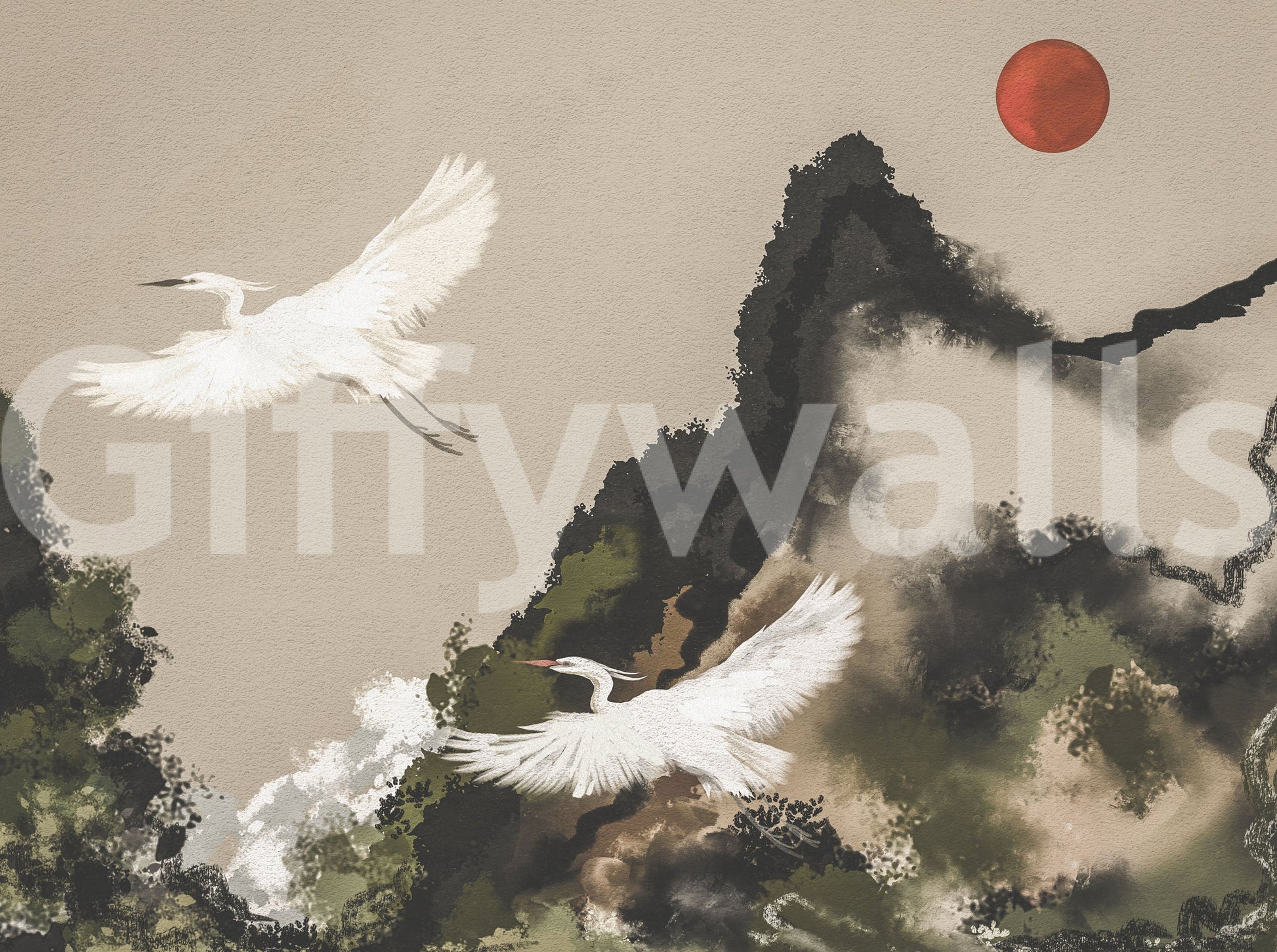 Japanese watercolor wall mural with crane artwork and textured ink detail