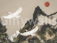 Japanese watercolor wall mural with crane artwork and textured ink detail