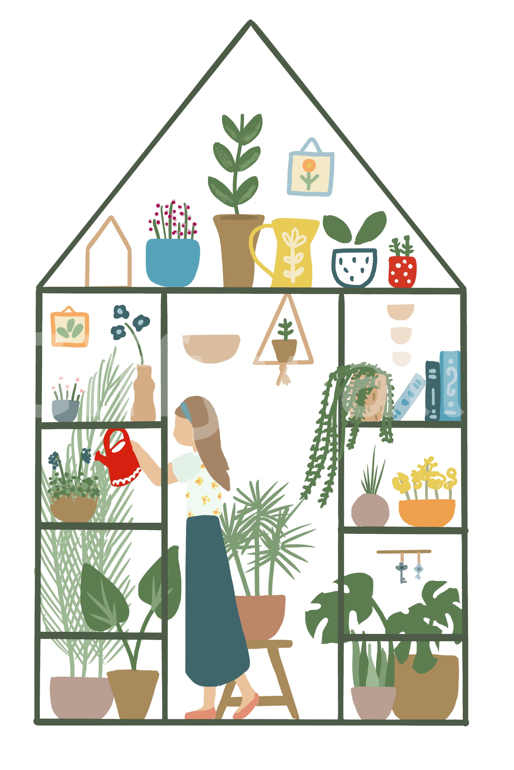 Garden wall mural with botanical shelves, leafy pots, and natural styling