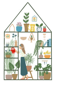 Garden wall mural with botanical shelves, leafy pots, and natural styling