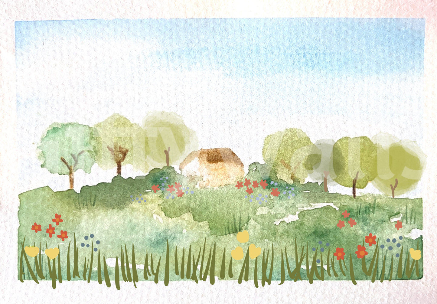 Nature wall mural with watercolor trees, grass, flowers, and blue sky