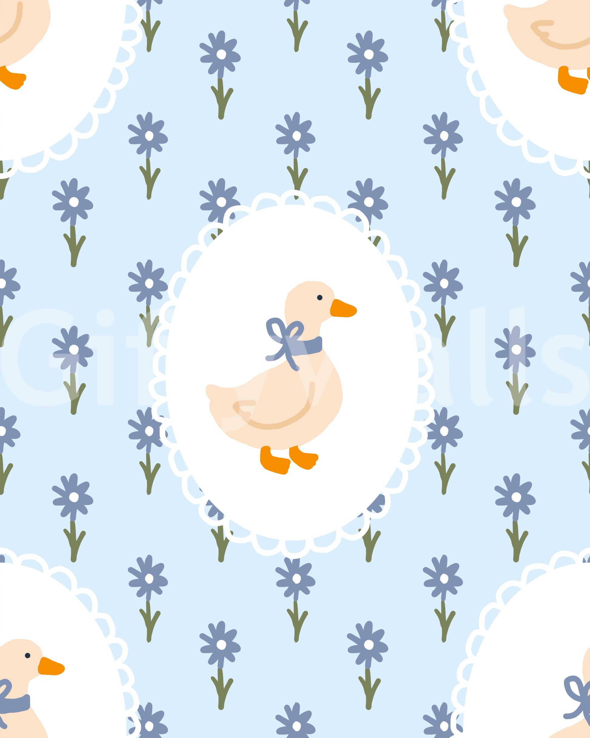 Storybook wallpaper with goose artwork and delicate flower stem detailing