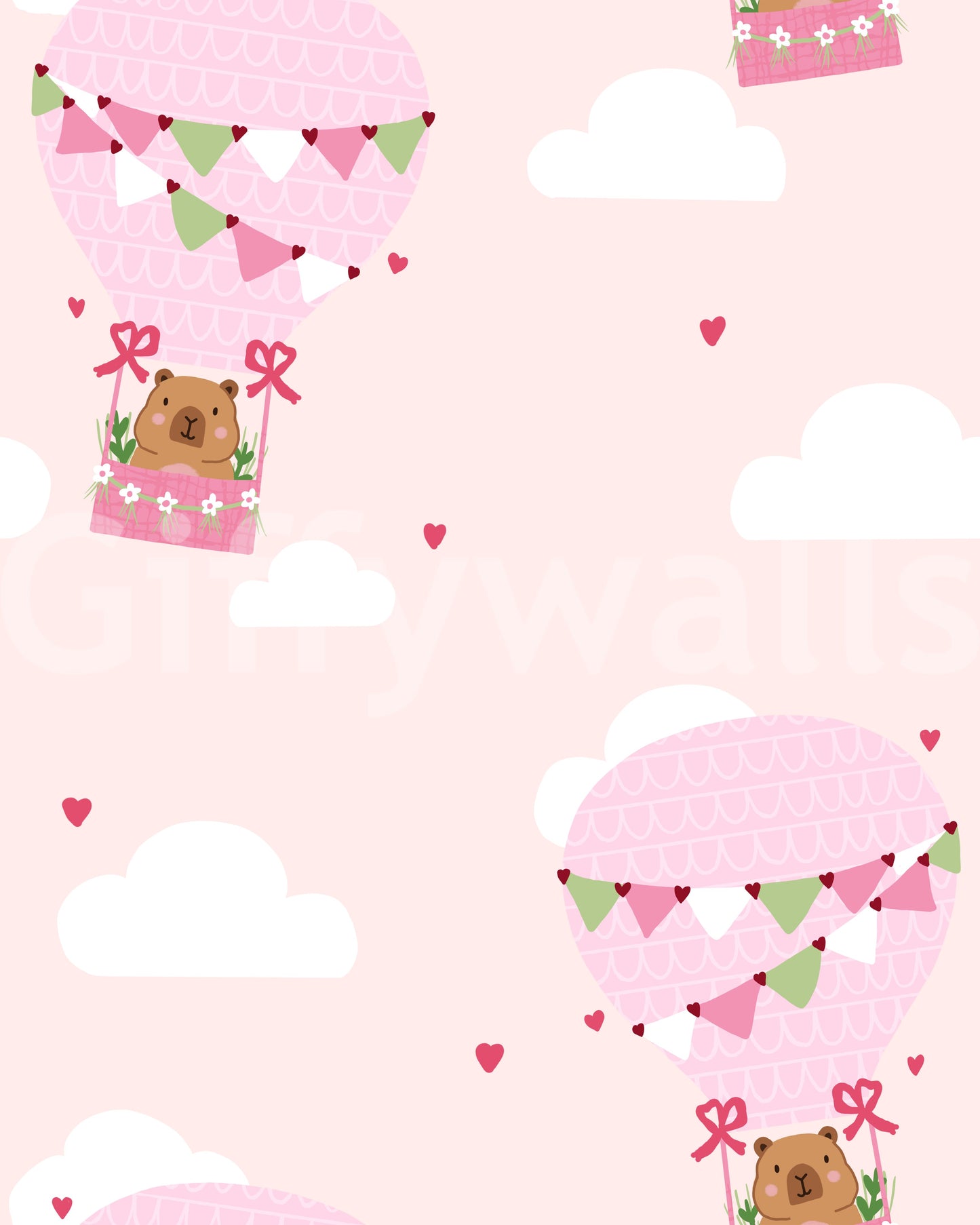 Storybook wallpaper showing bear balloon journeys and scattered cloud shapes