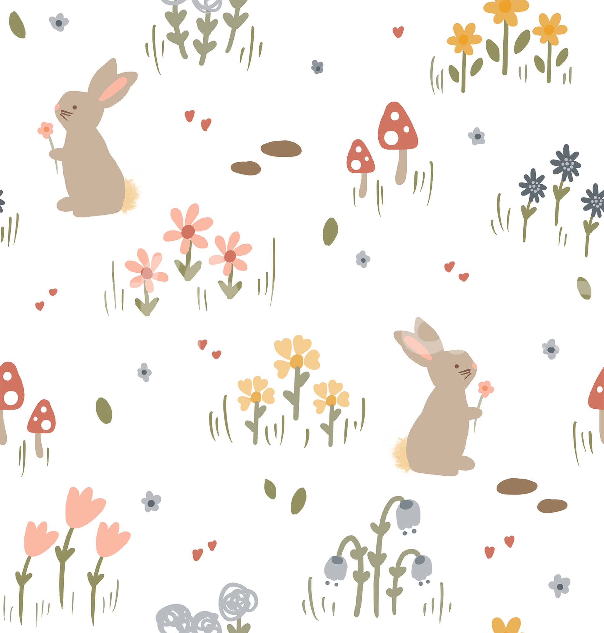 Olive grass tufts and peach daisies repeat on Sweet Meadow Bunnies wallpaper
